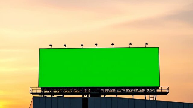 Green Screen Billboard Mockup on City Rooftop Building at Sunset Golden Hour, Blank Chroma Key Ad Space for Commercial Advertising and Digital Marketing Content