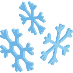 Three stylized light blue snowflakes isolated on a white background representing winter weather and cold season in a graphic design illustration