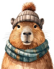 Adorable rodent with a winter hat and scarf, looking friendly