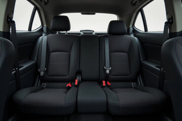Empty clean dark cloth car seats of modern sedan with isolated windows. 3d rendering.