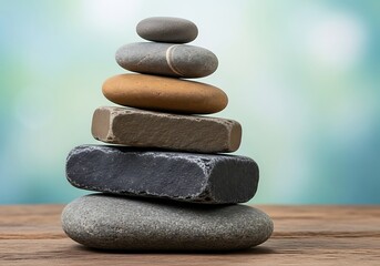 Zen stone tower balanced on weathered wood serene and calming spa meditation backdrop