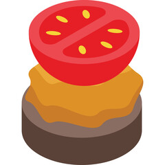 Isometric illustration of a hamburger with a slice of tomato on top against a transparent background
