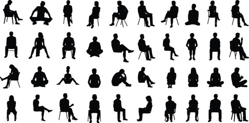 Silhouette people sitting, various seated poses, men and women on chairs, meditation positions, body posture study, isolated black silhouettes collection, vector illustration