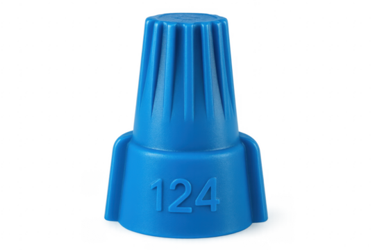 Blue plastic wire nut connecting electrical wires