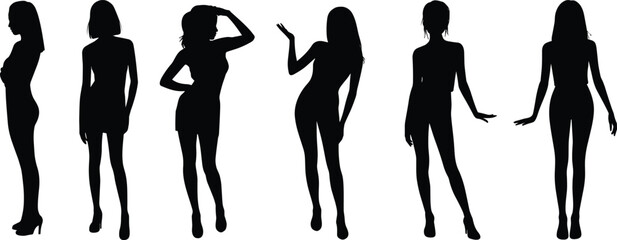 Silhouette women standing, elegant female poses collection, fashion model vector illustration, stylish woman body shapes, beauty and fashion concept design