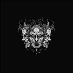 Vintage engraving style illustration of a three-headed horned demon or devil. Detailed dark art vector sketch of a mythological, grotesque figure with intricate ornamental swirls