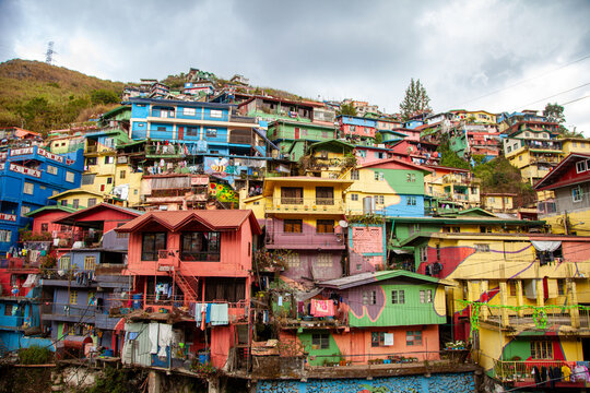 Valley of Colors - colorful Stobosa hillside. Massive artwork made up of a tightly packed cluster of hillside homes painted in bold colors. La Trinidad, Benguet, Baguio, Philiphines