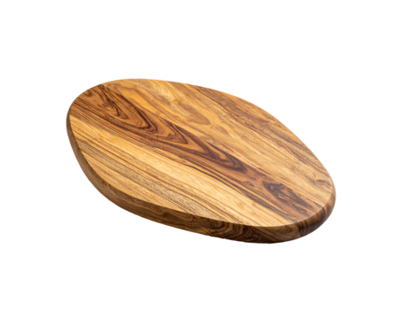 Smooth, oval wooden board with striking grain patterns, isolated on a black background