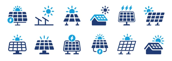 Fotobehang Beren Set of solar panel icons representing clean energy, photovoltaic systems and sun-powered electricity. Solid vector icons collection.  © Icons-Studio
