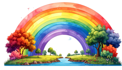 Whimsical watercolor scene of a rainbow arching over trees and a small stream in a brightly colored landscape
