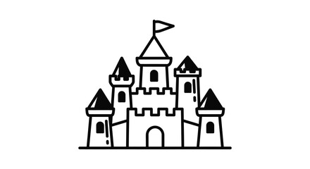 Simple black and white line art drawing of a fairytale castle silhouette with flags on towers