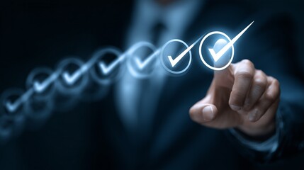 Hand tapping virtual screen, checking off work items in a quality control process