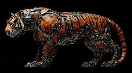 Fototapeta premium Mechanical tiger with orange fur and metallic armor.