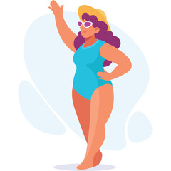 Full Body Illustration Of A Plus Size Woman Wearing A Bright Blue One Piece Swimsuit And Yellow Sun Hat Waving Hello With Sunglasses On A Light Blue Abstract Background