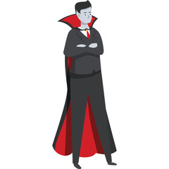 Full Body Pixel Art Of A Formal Vampire Character Dressed In A Black Suit And Red Lined Cape With Arms Crossed On A Transparent White Background