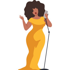 Full body pixel art illustration of a woman with voluminous brown hair wearing a flowing yellow gown singing into a vintage microphone on a transparent white background