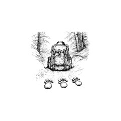 Vintage engraving style illustration of a backpack and bear paw prints on a snowy trail. Detailed ink sketch of a mountain hiking scene with pine trees