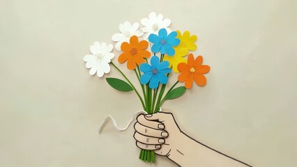 Hand holding a vibrant bouquet of colorful paper flowers including white orange blue and yellow daisies against a light beige background design