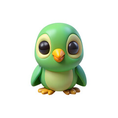Adorable 3D Cartoon Green Bird with Big Eyes and Yellow Beak Isolated on White Background, Perfect for Children's Illustrations, Nature Themed Designs, and Educational Resources