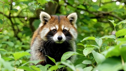 Adorable red panda with distinctive markings peers out from lush green foliage in a natural habitat setting showcasing wildlife photography