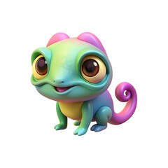 Charming 3D Cartoon Chameleon Sitting and Smiling with Rainbow Colored Skin and Big Round Eyes, Ideal for Children's Illustrations, Educational Materials, and Tropical-Themed Designs