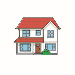 Illustration of a two-story house with a red roof and white walls, surrounded by a small green bush.