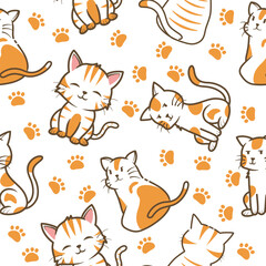 A Delightful Seamless Pattern Showcasing Cute Orange And White Cartoon Cats With Small Paw Prints