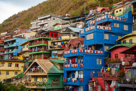 Valley of Colors - colorful Stobosa hillside. Massive artwork made up of a tightly packed cluster of hillside homes painted in bold colors. La Trinidad, Benguet, Baguio, Philiphines