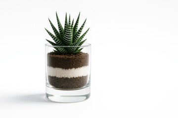 Striped haworthia succulent planted in a clear glass cylinder with layered white sand and soil studio plant decor isolated on white