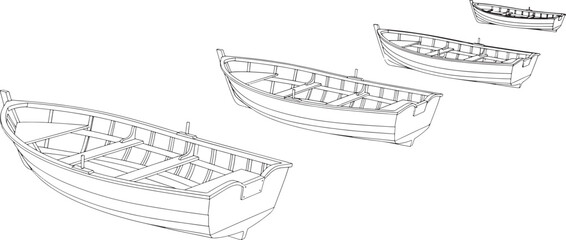Minimal black outline rowboats vector illustration isolated on white background, simple art