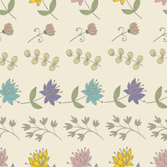 Seamless pattern with flowers and hearts. Vintage style. Hand drawn vector illustration.