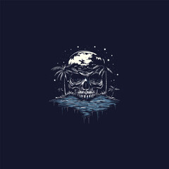 Vintage engraving style illustration of a giant skull floating over a tropical island night scene. Detailed ink sketch featuring palm trees, a hut, ocean, stars, and a mysterious dark atmosphere