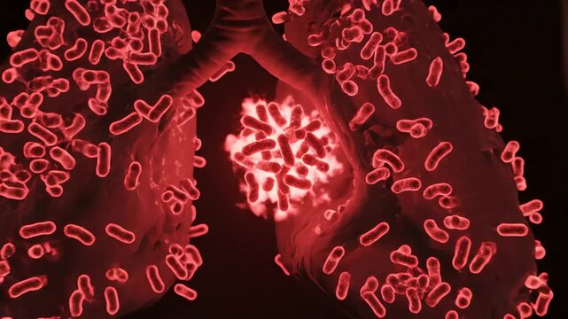 Tuberculosis bacteria within lung tissue, glowing under a red fluorescence marker as they multiply in clusters