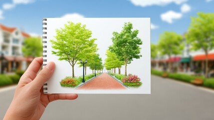 Close up of hand holding miniature card with vibrant urban street scene buildings people city life captured in small scale artwork.