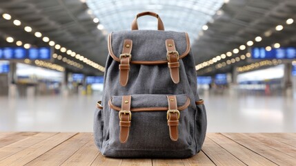 Durable backpack displayed on rustic wooden table indoors for travel school or work essentials.