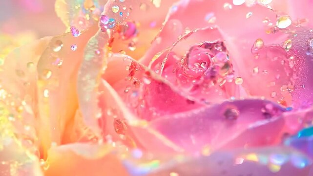 Close-up video of a rose with iridescent colors and water droplets, creating a dreamy, ethereal effect with a soft focus camera angle. Live desktop wallpaper.