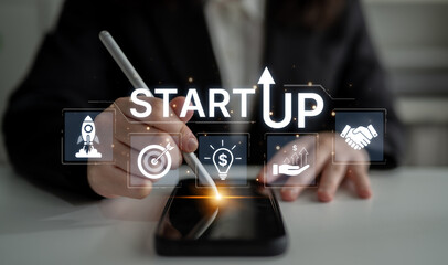 Concept of a new startup business venture. The process includes innovation, setting targets,...