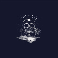 Vintage engraving style illustration of a giant skull floating over a tropical island night scene. Detailed ink sketch featuring palm trees, a hut, ocean, stars, and a mysterious dark atmosphere