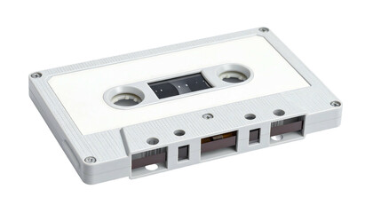 Obraz premium White audio cassette tape, angled view. Rectangular, gray plastic shell; holes and spools are visible
