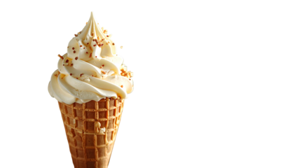 Vanilla soft serve ice cream cone topped with tiny sprinkles, set against stark black backdrop