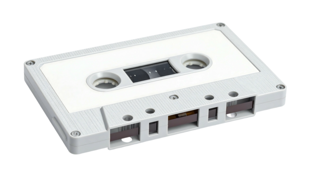 White audio cassette tape, angled view. Rectangular, gray plastic shell; holes and spools are visible