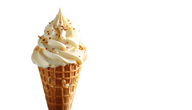 Vanilla soft serve ice cream cone topped with tiny sprinkles, set against stark black backdrop