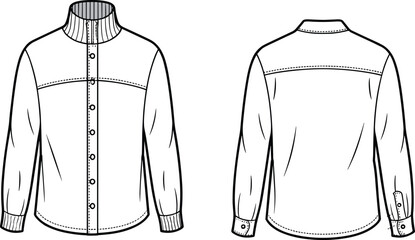 Long sleeve shirt technical fashion sketch, front and back view, ribbed collar, button placket, garment construction details, cad drawing flat vector illustration