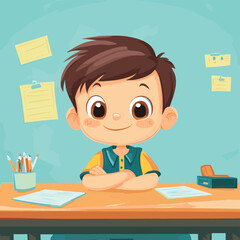 Happy Student Boy in Classroom Learning School Education for Kids   , vector style simple color