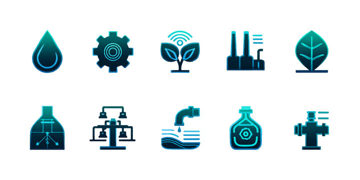 Set of eco-friendly industry and technology icons for green solutions and sustainability themes