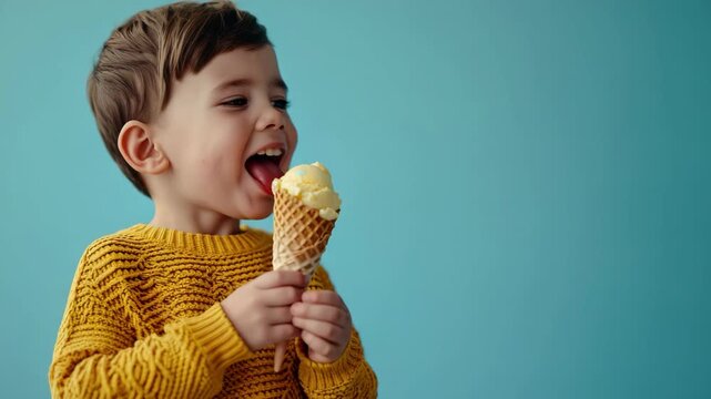 A happy young boy with brown hair holding an ice cream cone and taking a bite out of it.