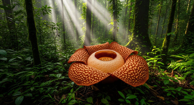 Rafflesia Arnoldii Flower in Lush Rainforest Sunlight.