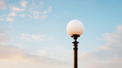 Single urban street light pole illuminated against dramatic cloudy sky at dusk urban street light tall pole against vast cloudy sky atmospheric dusk scene.