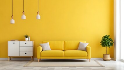 Bright and vibrant modern living room with a yellow sofa, minimalist cabinet, and hanging pendant lights against a bold yellow wall.