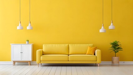 Bright and vibrant modern living room with a yellow sofa, minimalist cabinet, and hanging pendant lights against a bold yellow wall.